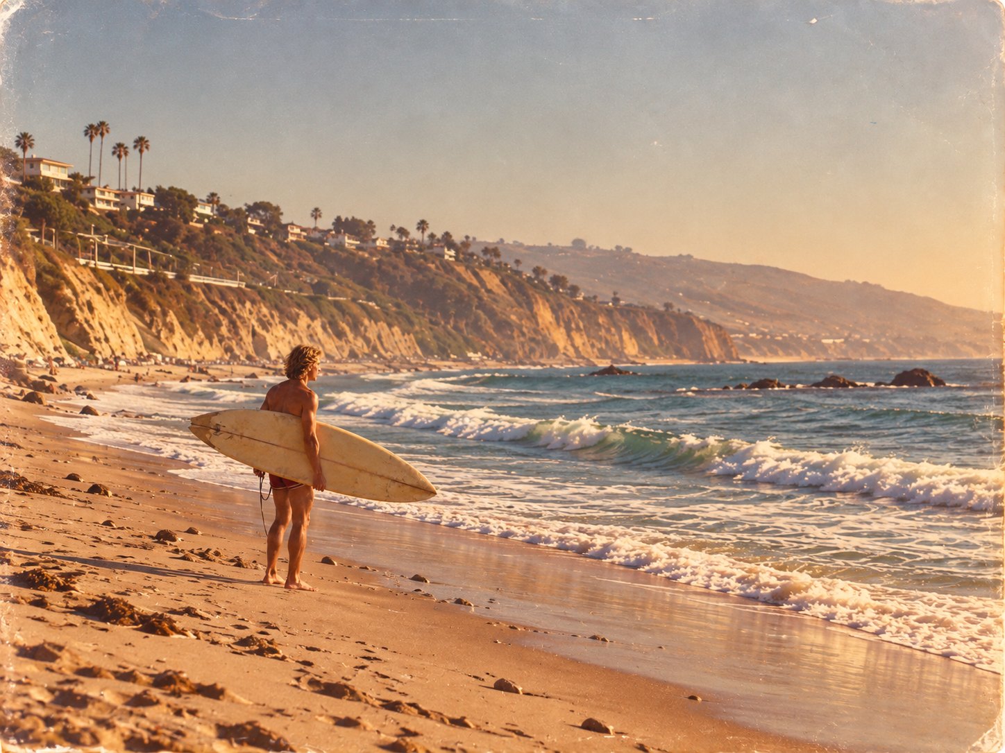 A surfer watching the waves on a sunlit beach